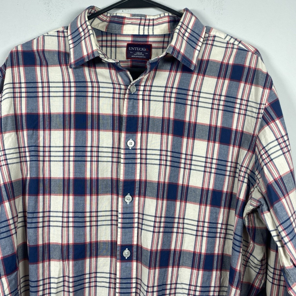 UNTUCKIT Button Up Shirt Men's L Cotton Blue‎ White Red Check Plaid Francavidda